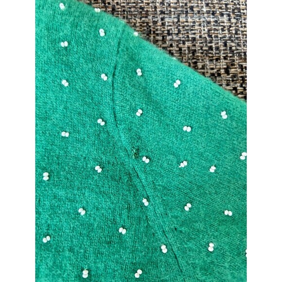 DOREEN LOK Vintage 60s Green Wool White Beads 3/4 Sleeves Cardigan Sweater 36/4 - Picture 9 of 13
